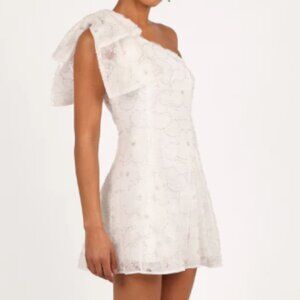 Petal & Pup One Shoulder White Embellished Mini Dress with Bow Shoulder